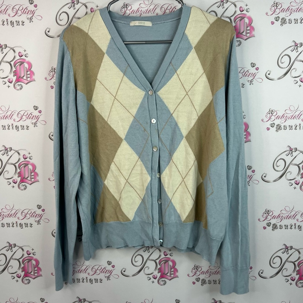 Marks & Spencer cardigan preppy button up Blue and Cream Argyle Sweater diamond